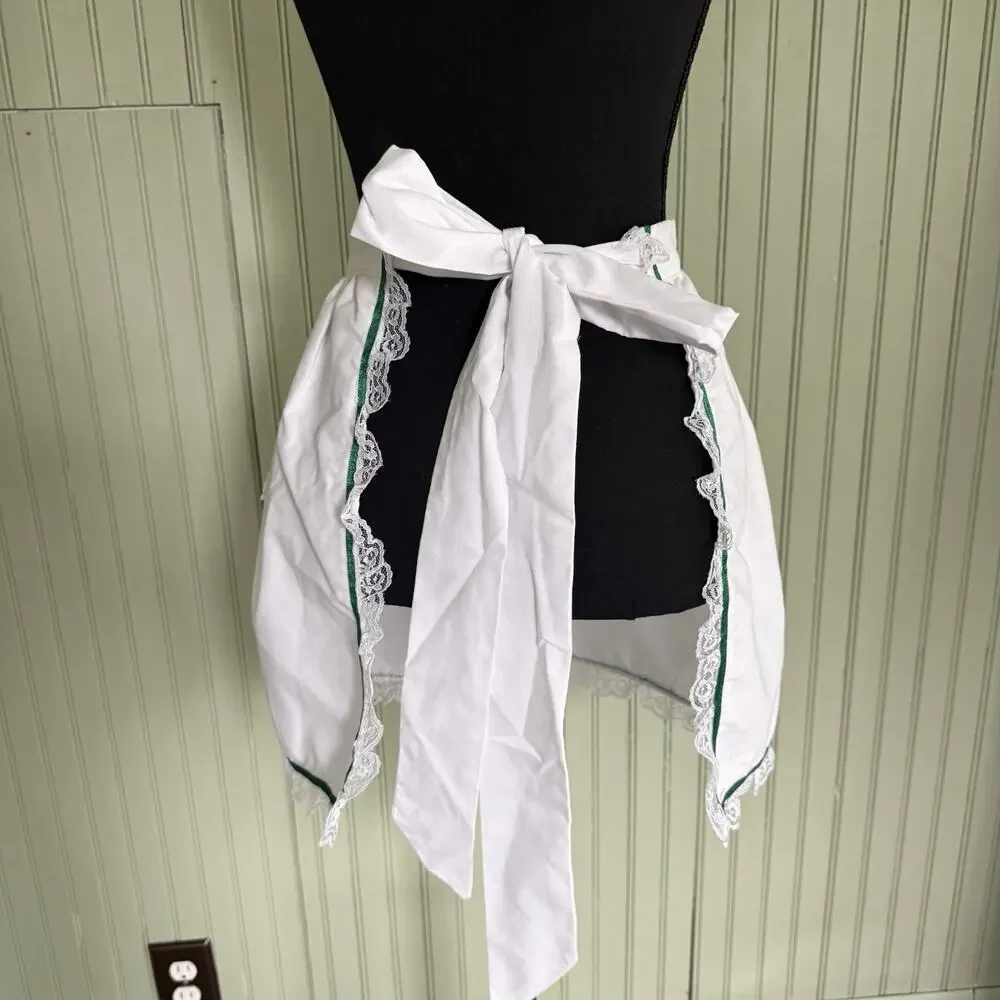 Vtg Hostess Half Apron White Green MCM 50s Pocket Retro Tie Trad Cottage Ruffle